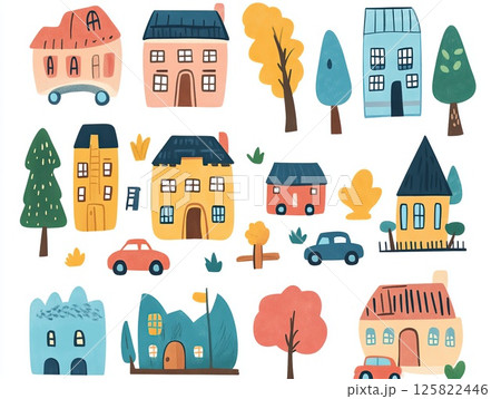 Set of cute houses, trees and cars in cartoon style isolated on white background. Set of cute houses, trees and cars in cartoon style isolated on white background. 125822446