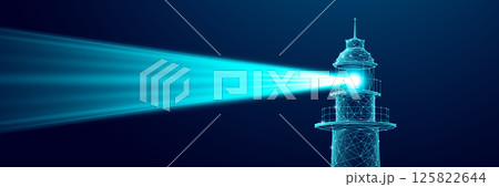 Close-up lighthouse. Bright beam on dark blue technology background Close-up lighthouse. Bright beam on dark blue technology background 125822644
