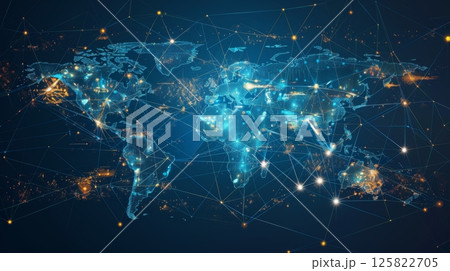 World technology blue digital map with line dynamic network abstract dot cyber virtual connectivity big data visualization 125822705