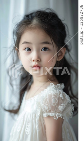Little beauty girl closeup long hair looking to camera wearing white dress 125822736