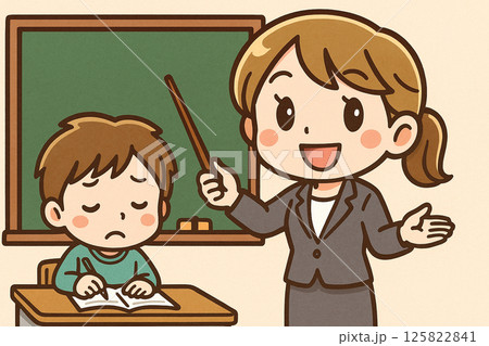 塾講師の女性キャラクターが生徒に勉強を教えるミニキャラ風イラスト 125822841