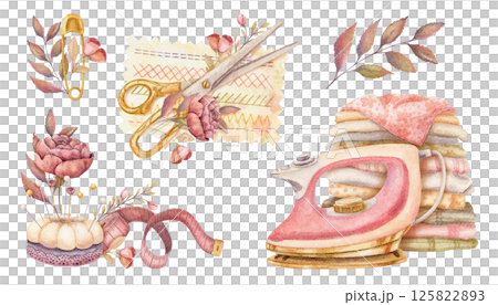 Set of sewing tool and needlework composition in watercolor. Hand drawn vintage arrangement with iron and scissors. Fashion industry and craft hobby kit. Perfect for atelier or dressmaking design. 125822893