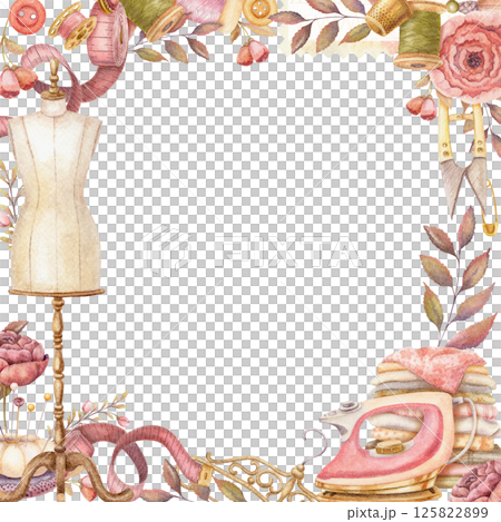 Square frame with watercolor female mannequin and copy space. Hand drawn vintage floral template with measuring tape and pink iron. Perfect for tailor logo and romantic card and invitation design. Square frame with watercolor female mannequin and copy space. Hand drawn vintage floral template with measuring tape and pink iron. Perfect for tailor logo and romantic card and invitation design. 125822899