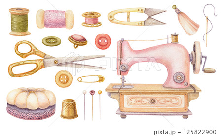 Set of sewing tools and needlework in watercolor. Hand drawn vintage template with pink machine and tailor scissors. Fashion industry and craft hobby kit. Perfect for atelier or dressmaking design. Set of sewing tools and needlework in watercolor. Hand drawn vintage template with pink machine and tailor scissors. Fashion industry and craft hobby kit. Perfect for atelier or dressmaking design. 125822900
