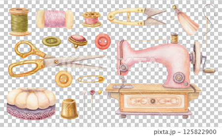 Set of sewing tools and needlework in watercolor. Hand drawn vintage template with pink machine and tailor scissors. Fashion industry and craft hobby kit. Perfect for atelier or dressmaking design. Set of sewing tools and needlework in watercolor. Hand drawn vintage template with pink machine and tailor scissors. Fashion industry and craft hobby kit. Perfect for atelier or dressmaking design. 125822900