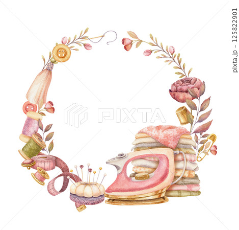 Round wreath with watercolor clothes repairing set. Hand drawn vintage floral frame template with pink iron and stack of fabrics. Perfect for tailor logo and romantic card and invitation design. Round wreath with watercolor clothes repairing set. Hand drawn vintage floral frame template with pink iron and stack of fabrics. Perfect for tailor logo and romantic card and invitation design. 125822901