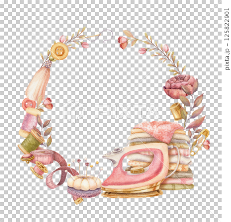Round wreath with watercolor clothes repairing set. Hand drawn vintage floral frame template with pink iron and stack of fabrics. Perfect for tailor logo and romantic card and invitation design. 125822901