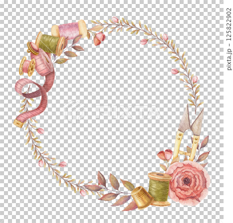 Fine round wreath with watercolor sewing tools. Hand drawn vintage floral frame template with measuring tape and pink rose flowers. Perfect for tailor logo and romantic card and invitation design. Fine round wreath with watercolor sewing tools. Hand drawn vintage floral frame template with measuring tape and pink rose flowers. Perfect for tailor logo and romantic card and invitation design. 125822902