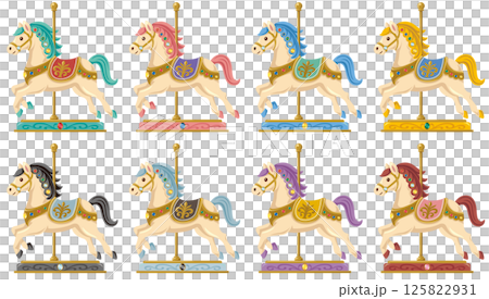 Vector illustration color variation set of retro antique ceramic horse carousel 125822931