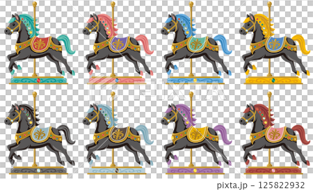 復古古董陶瓷黑馬旋轉木馬的向量插圖顏色變化集 125822932