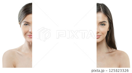 Perfect woman before and after posing on white background. Two women portrait. Rejuvenation Perfect woman before and after posing on white background. Two women portrait. Rejuvenation 125823326