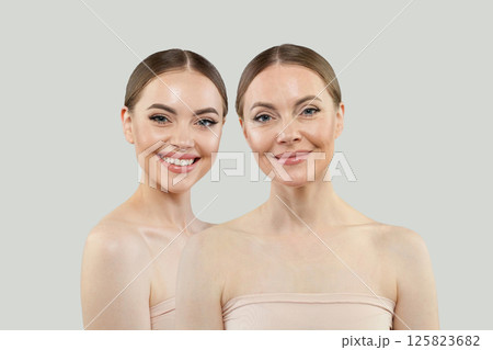 Healthy young model woman and mature woman. Two female faces collage set. 125823682