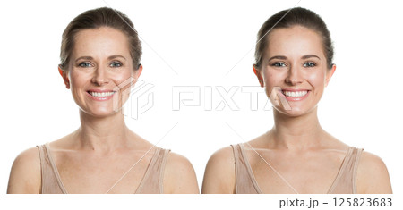 Beautiful female face on white background. Young and mature adult model woman with healthy  125823683