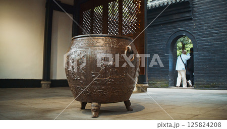 Chengdu, Sichuan, China. Ornate Iron Pot And Liu Bei Statue, Wuhou Memorial, Three Kingdoms Temple. Engraving On Bronze Incense Burial Pot In Mausoleum 125824208