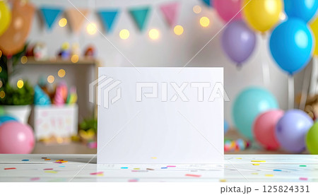 clean white card is prominently displayed on festive table, surrounded by colorful confetti and balloons, creating cheerful atmosphere perfect for invitations or messages clean white card is prominently displayed on festive table, surrounded by colorful confetti and balloons, creating cheerful atmosphere perfect for invitations or messages 125824331