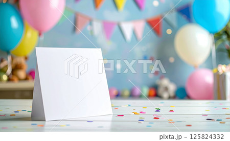clean white card is placed on festive table, surrounded by colorful confetti and balloons, creating cheerful atmosphere perfect for kids party celebration clean white card is placed on festive table, surrounded by colorful confetti and balloons, creating cheerful atmosphere perfect for kids party celebration 125824332