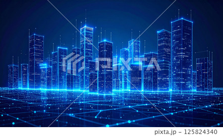 futuristic city skyline with glowing blue grid lines and illuminated buildings, representing cyberpunk aesthetic and advanced technology. vibrant lights create dynamic atmosphere 125824340