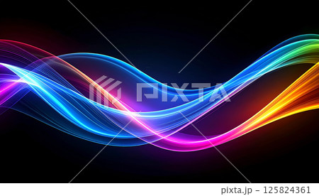 Glowing waves of vibrant colors create mesmerizing display against dark backdrop, evoking sense of movement and energy. soft blur edges enhance ethereal quality of this digital art piece Glowing waves of vibrant colors create mesmerizing display against dark backdrop, evoking sense of movement and energy. soft blur edges enhance ethereal quality of this digital art piece 125824361