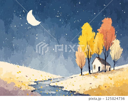 夜空に三日月が浮かぶ秋の風景、水彩画タッチ、背景イラスト、景色、秋の夜長 125824736