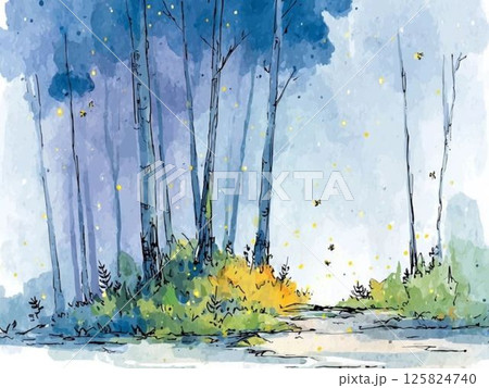 夜の森林の背景、風景イラスト、景色、水彩画タッチ 125824740