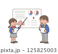 図を使って発表をする男子学生と女子学生 125825003