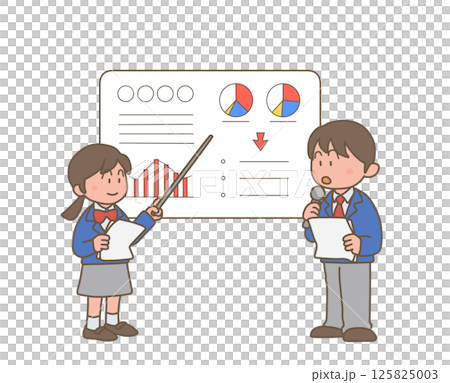 Male and female students making a presentation using diagrams Male and female students making a presentation using diagrams 125825003