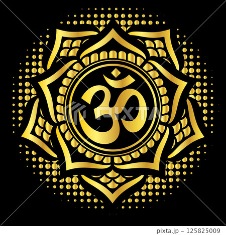 Golden Om Symbol with Intricate Mandala Design on Black Background Golden Om Symbol with Intricate Mandala Design on Black Background 125825009