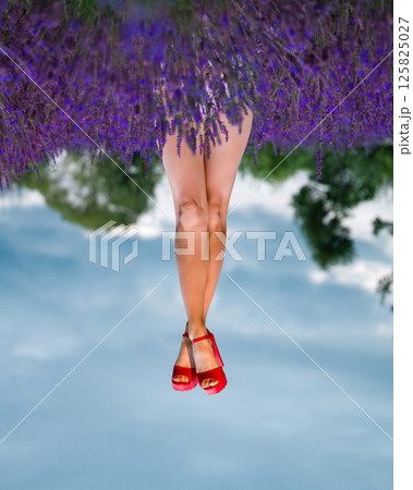 Red shoes, lavender field, summer fun. Legs in the air, enjoying nature's beauty. Red shoes, lavender field, summer fun. Legs in the air, enjoying nature's beauty. 125825027