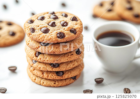 Close-up shot of soft and chewy chocolate chip cookies stacked on top of each other, perfect for advertisements related to homemade baking and dessert recipes. Close-up shot of soft and chewy chocolate chip cookies stacked on top of each other, perfect for advertisements related to homemade baking and dessert recipes. 125825070