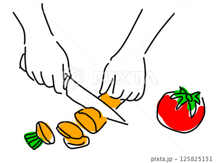包丁で野菜を切る手元のシンプル線画 125825151