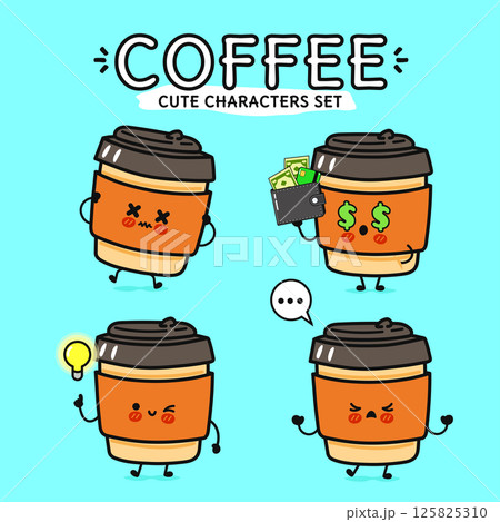 Charming cartoon coffee cups showcase diverse emotions, from joy to frustration, in a delightful illustration. 125825310