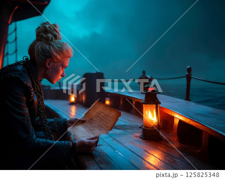 Elegant woman reading ancient scroll on ship deck by lantern light under stormy sky 125825348