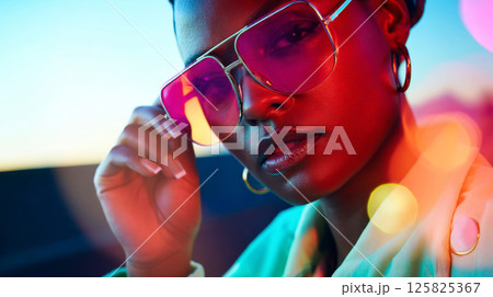 Y2K fashion portrait of woman in pink-tinted futuristic sunglasses with vibrant colors 125825367