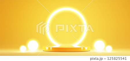 Round podium stage with glowing neon ring Round podium stage with glowing neon ring 125825541
