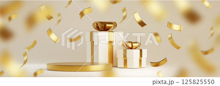 Golden gift box podium with falling confetti Golden gift box podium with falling confetti 125825550