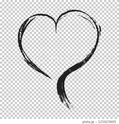 シンプルなハートの毛筆手書きイラスト　背景白透明　黒色モノクロ　ベクター　png　 125825605