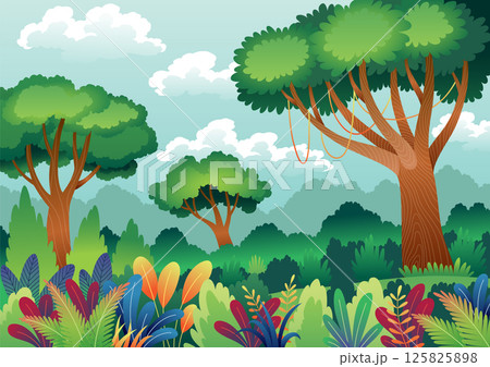 Jungle fairytale. Forest or garden background for children. Colorful jungle hand drawn horizontal wallpaper. Trees and grass on green lawn. Hand drawn nature vector illustration 125825898