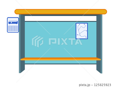 Empty bus stop, shelter from rain. Public transport place. Outdoor urban street. Cartoon flat vector illustration Empty bus stop, shelter from rain. Public transport place. Outdoor urban street. Cartoon flat vector illustration 125825923