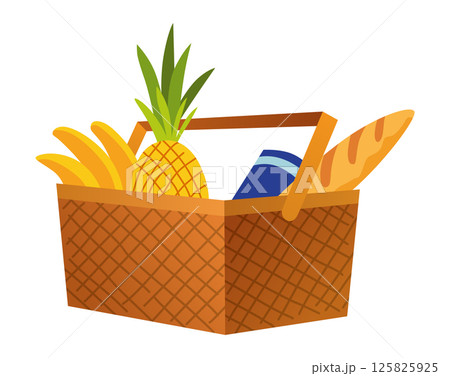 Necessary element of picnic in city park, ready-to-eat food and drinks in wicker basket. Cartoon vector illustration in flat style Necessary element of picnic in city park, ready-to-eat food and drinks in wicker basket. Cartoon vector illustration in flat style 125825925