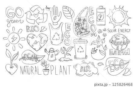 Hand-drawn eco doodles featuring recycling, solar power, organic plants, Earth conservation, and sustainable lifestyle graphics for green projects Hand-drawn eco doodles featuring recycling, solar power, organic plants, Earth conservation, and sustainable lifestyle graphics for green projects 125826468