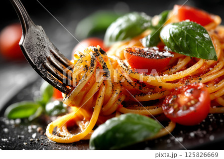 Spaghetti twirled on fork with tomato sauce and basil 125826669