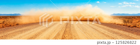 Dusty road with dry wind blowing dust across landscape, creating chaos Dusty road with dry wind blowing dust across landscape, creating chaos 125826822