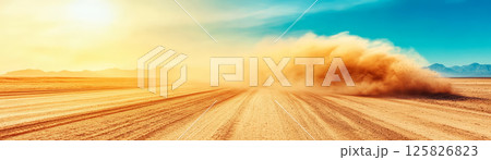 Dust storm sweeping across dry landscape under bright sky Dust storm sweeping across dry landscape under bright sky 125826823