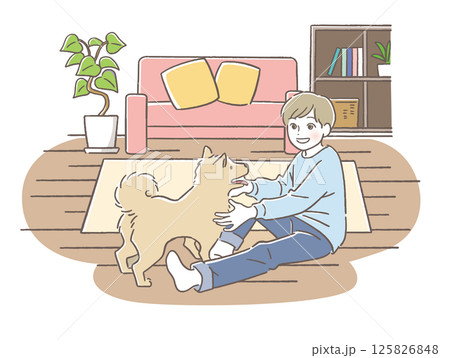 リビングで遊ぶ犬と子供 125826848