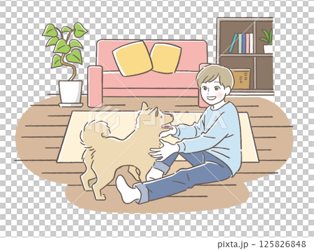 Dog and child playing in the living room 125826848