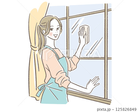 窓を掃除する女性　 125826849