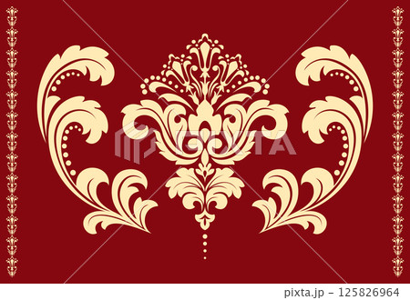 Damask graphic ornament. Floral design element. Golden and red vector pattern Damask graphic ornament. Floral design element. Golden and red vector pattern 125826964
