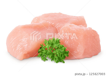 Raw diced chicken fillet isolated on white background with full depth of field. Raw diced chicken fillet isolated on white background with full depth of field. 125827003