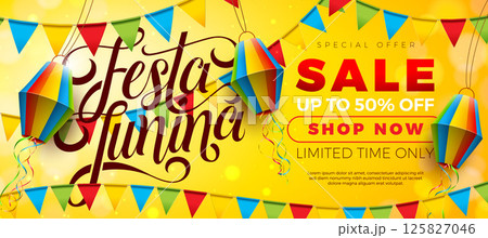 Festa Junina Sale Promotional Business Illustration with Paper Lantern, Party Flag and Typography Letter on Yellow Background. Vector Festa de Sao Joao Special Offer Illustration for Coupon, Voucher 125827046