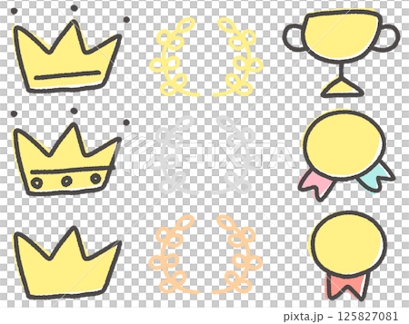 Hand drawn cute ranking set, crowns, laurels, trophies and medals Hand drawn cute ranking set, crowns, laurels, trophies and medals 125827081